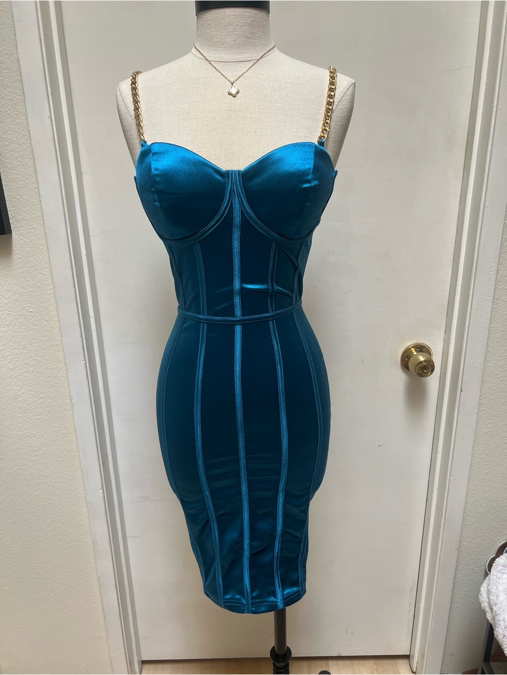 Teal Satin Bustier Bodycon Dress with Gold Chain Straps